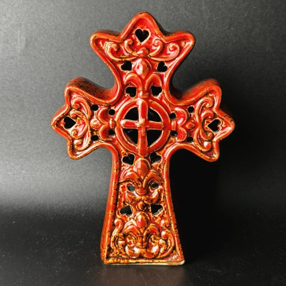 Celtic Cross Ceramic Tealight Candle Holder Boho Religious Ornate Pierced Glaze